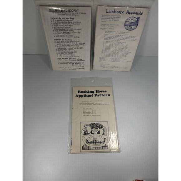 Lot 3 Vintage Applique Patterns Landscape Sun Bird Rocking Horse Hoop NEW - Picture 2 of 6